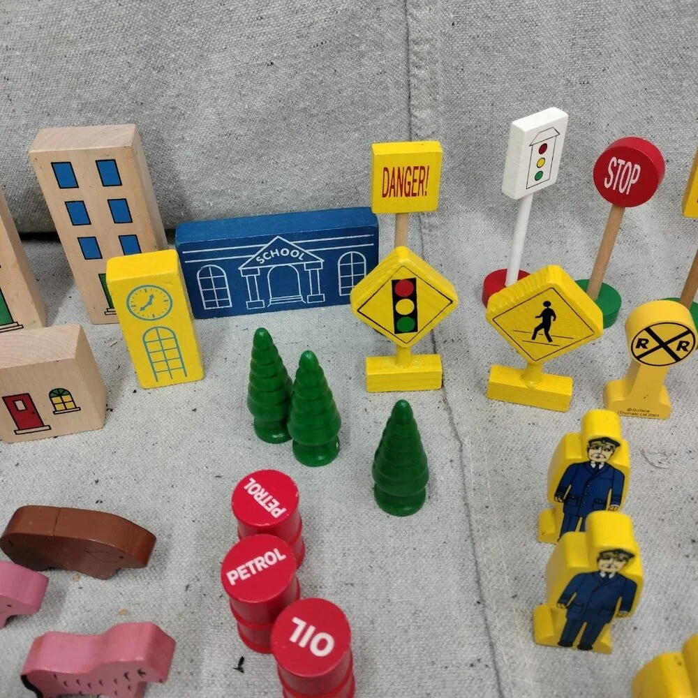 Lot of 63 Thomas Train Wooden Trees Signs Animals People Buildings Accessories